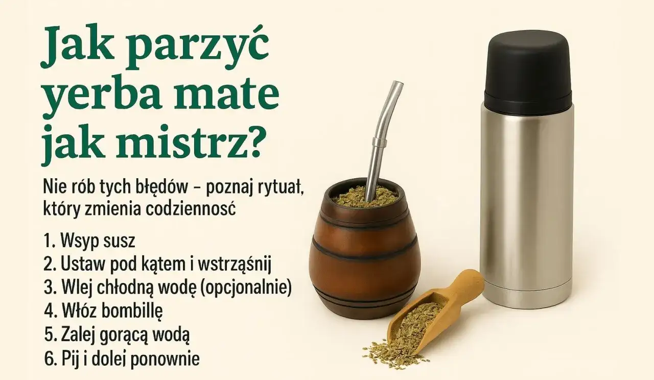 Jaki termos do yerba mate wybrać? Obok tykwy z bombillą i suszem stoi metalowy termos, idealny do utrzymania temperatury naparu.